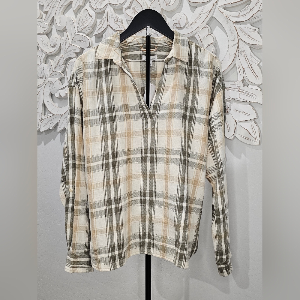 L.L. Bean Plaid Beige/Green Hemp/Cotton Loose Fit Pullover Women's Sz Large NWT - Picture 2 of 9